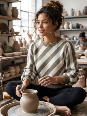 Castleberry Puffed Sleeve Striped Pullover Knit Sweater